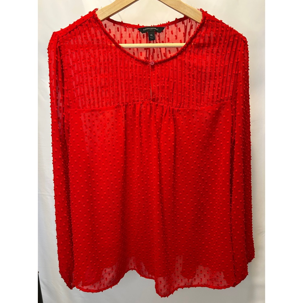 Banana Republic Blouse Womens XL Red Excellent Clip Dot Pleated Long Sleeve